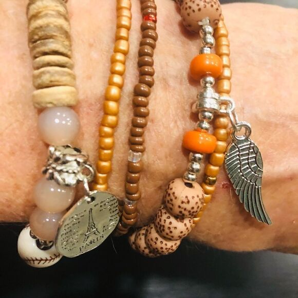 Stackable Beaded Charm Bracelets, Bohemian Brown with Silver Tone - Picture 3 of 4